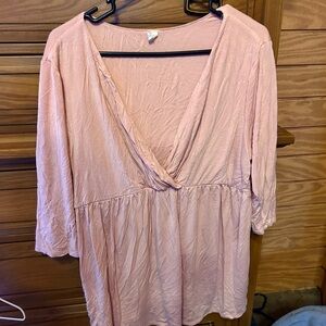 Pinkblush Pink 3/4 Sleeve Faux-Wrap Blouse with V-Neck
